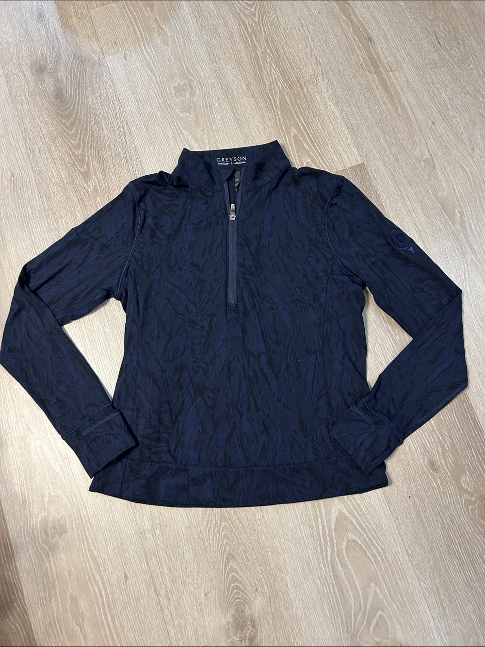 Greyson Navy Feather Print Textured Quarter-Zip Pullover Sz Small